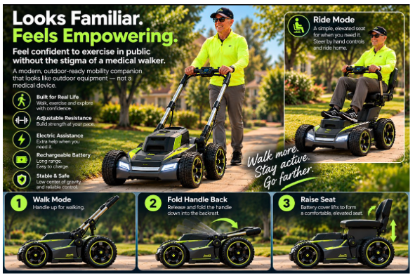 Illustrated Lawnmower Walker concept with walking and ride modes