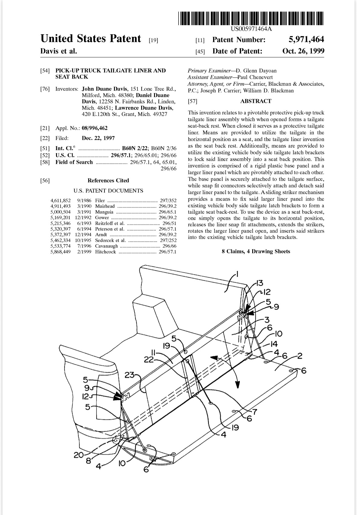United States Patent 5,971,464: pickup truck tailgate liner and seat back, with technical drawing